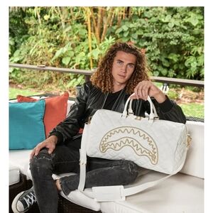 Sprayground White Quilted Travel Bag with Gold Details
